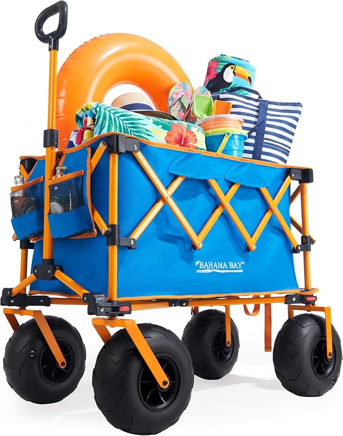 Old Bahama Bay Beach Wagon with Balloon Wheels, Foldable Sand Cart | 9" Balloon Wheels for Soft Sand, Large Capacity Wagon, Umbrella Storage, 330 lb Steel Frame, Quick Fold Design