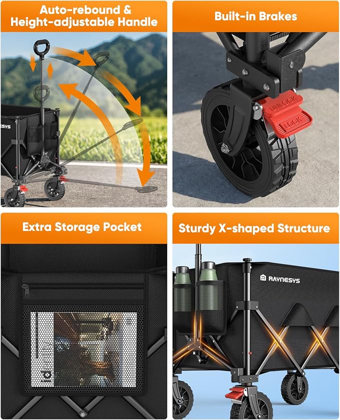 Collapsible Wagon Cart with Wheels, 330LBS for Grocery Shopping Camping | 180L Capacity Wagons Carts Foldable,Heavy Duty Foldable Wagon,Portable Utility Carts for Camping Grocery Garden Shopping