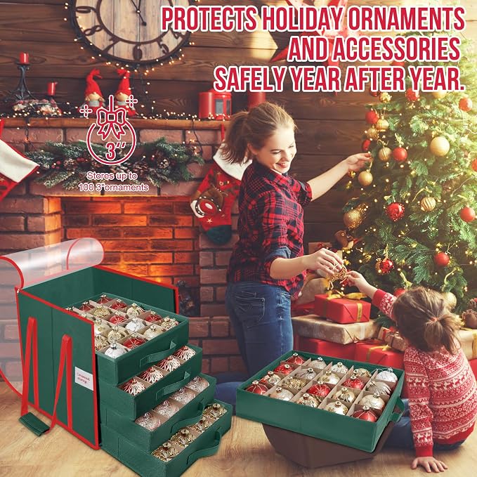 Christmas Ornament Storage Box,5 Tier Holds Up to 100-3” Holiday Décor | Xmas Ornament Organizer Container,Adjustable Dividers,Organizer Bin to Protect and Store Holiday Décor , 600D Oxford Fabric