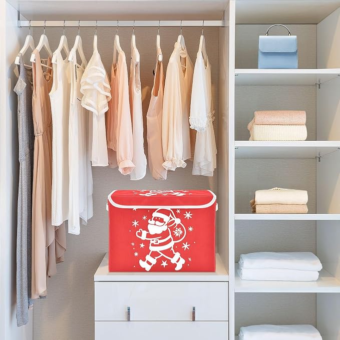Santa Claus Fabric Storage Bins with Lid Foldable Storage Boxes 40L Baskets | Decorative Storage Boxes, 300D Oxford Cloth, Hollow Board Frame, Flip Top Velcro Lid, 16.5x12.6x11.8 inch, Collapsible Design