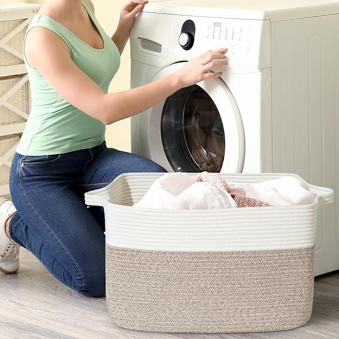 Large Blanket Basket, 100L Storage Baskets for Organizing, Woven Laundry Basket for Blankets, Cotton rope Blanket Storage for Living Room, Nursery Room, 24.8" L x 15.74" W x 15.74" H, Brown