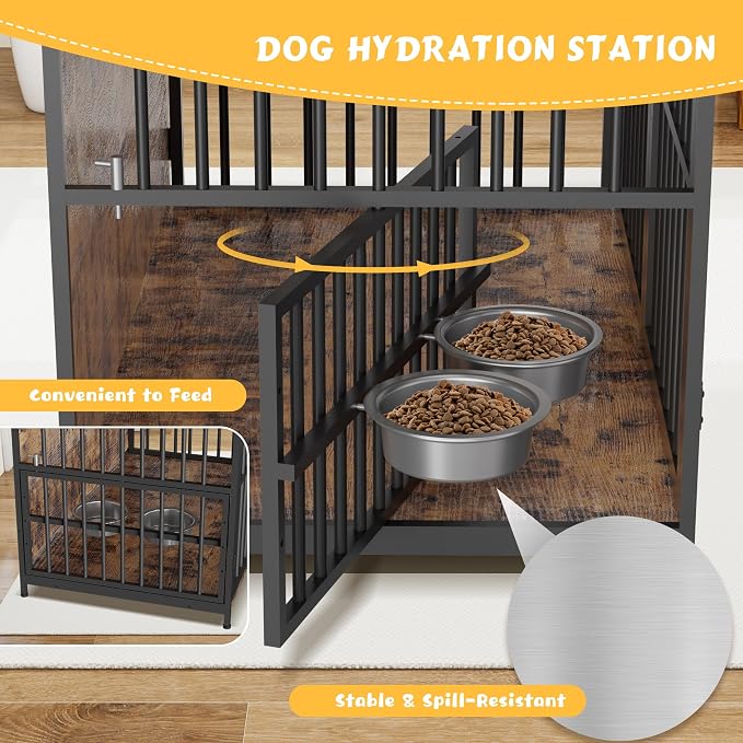 XL Dog Crate Furniture, 48" Large Wooden Dog Cage House with Adjustable Dog Bowls, Indoor Decorative Dog Kennel with Double Doors, Charging Station, Brown (48" L x 29.9" W x 42.9" H)