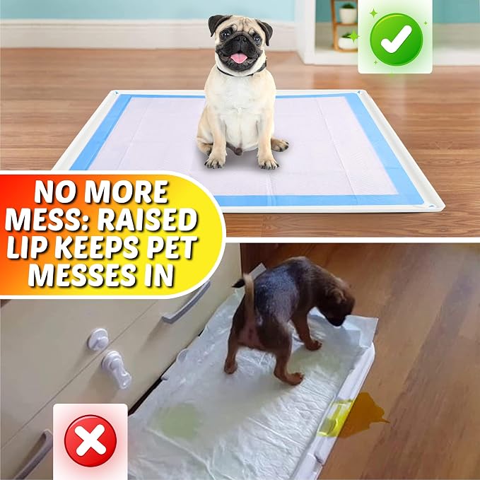Skywin Dog Pee Pad Holder Tray Fits for 28” x 34” Pee Pads - 1 Pack - White | Corner Lock Holes, Raised Edges, Non-Spill, Easy to Clean Silicone Dog Potty Tray Holder, For Indoor Floor Protection
