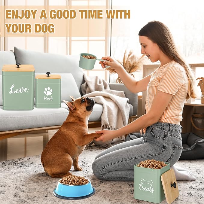 Jingmore Metal Dog Treat Containers Set of 3 with Bamboo Lids and Spoon Airtight 7+3+2 lbs Dog Food Snack Jars with DIY Labels Big Pet Cookie Storage Jar for Kitchen Counter (Sage Green,Cute)