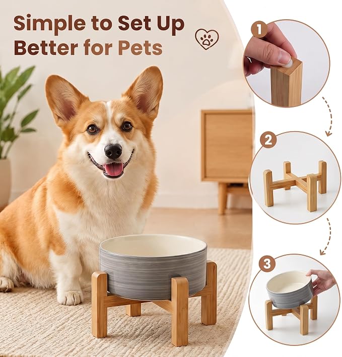 hjn Elevated Ceramic Dog Bowl with Bamboo Stand, Raised Pet Feeding Station for Small Medium Dogs Cats, Modern Design with Anti-Slip Base (White Gray, 3.6Cup)