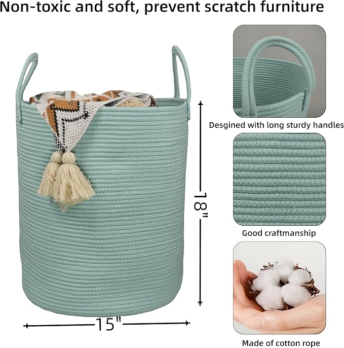 XUANGUO Cotton Rope Laundry Basket Hamper for Clothes Large Light Green | Baby Nursery Hamper Bin and Woven Storage Basket for Living Room Bedroom Boho Tall Rope Baskets Blankets Toys Pillows Towels