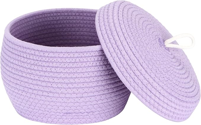 Sea Team Round Woven Cotton Rope Storage Basket with Lid, Lavender | Lidded Knitted Decorative Storage Bin, Pot, Caddy, Organizer, Container for Snacks, Towels, Plants, 10 x 7.5 Inches