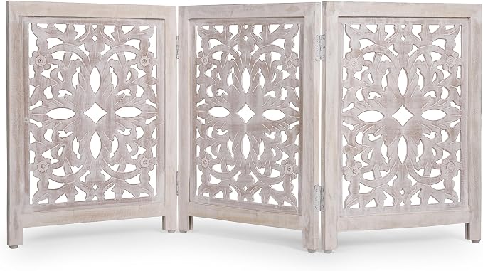 Lightnpro 3-Panel Carved Wooden Dog Gate – 54 Inch Foldable Freestanding Pet Barrier, White Wash Indoor Safety Fence for Small Dogs & Puppies – 24x18 Inch Panels