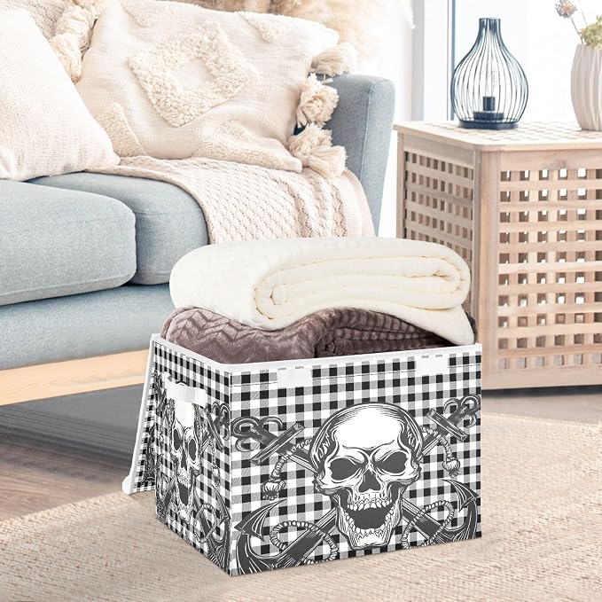 Fabric Storage Bins with Lid Gothic Skull Closet Bedroom 40L Fabric Bin | Decorative Storage Boxes, 300D Oxford Cloth, Hollow Board Frame, Flip Top Velcro Lid, 16.5x12.6x11.8 inch, Collapsible Design