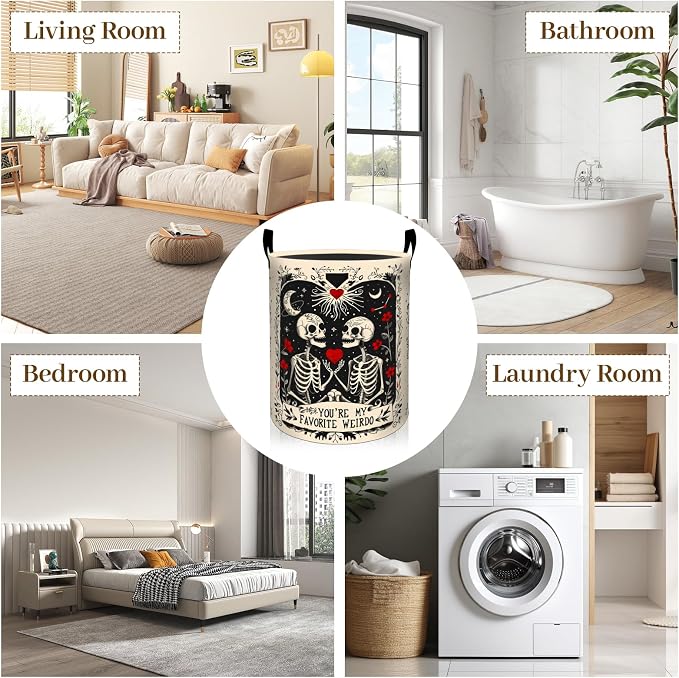 Gothic Skull Laundry Basket, Skeleton Couple Foldable Oxford Cloth, Waterproof Dirty Clothes Hamper with Handles, Clothing Storage Bin Toy Organizer for Bedroom Dorm Bathroom, 19.7"x15.7"