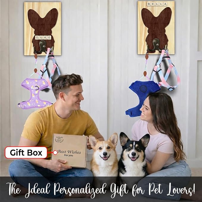 Corgi Dog Leash Holder Wall Mount with Scrabble Letters, Wooden Dog Wall Hook Organizer, Pet Collar and Harness Holder, Entryway Key Hook and Leash Rack, Pet Lovers Gift Decor PF297-29