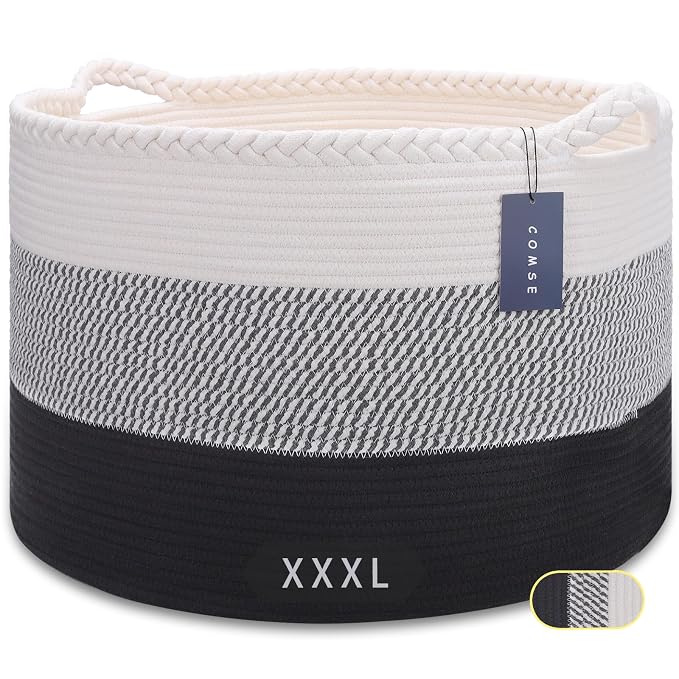 COMSE XXXLarge Woven Blanket & Laundry Basket, 87L, White &Gray &Black | 21.7"x 13.8", Cotton Rope, Nursery Hamper for Storage of Toys, Clothes & Towels, Ideal for Living Rooms, Bedrooms & Bathrooms