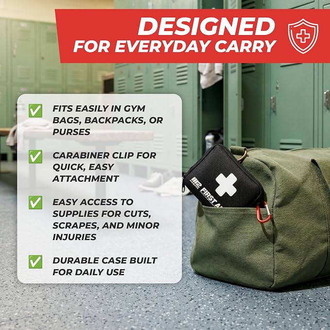 M2 BASICS 150 Piece Premium First Aid Kit, Compact Bag for Purse & Travel | On-The-Go Emergency Use, Backpack, Glove Box, Luggage, Carry-On, School, Sports, Car, RV, Boat, Hiking, Camping And Dorm