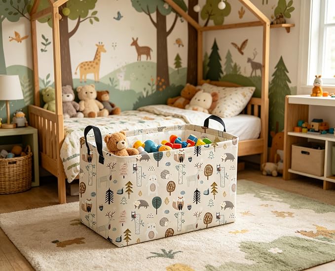 Sanjiaofeng Rectangular Cute Animals Storage Baskets,Foldable Kids Toy Clothes Bins for Bedroom,Woodland Animal Basket,Books Box, Gift Basket(Tree Trunk Animals)