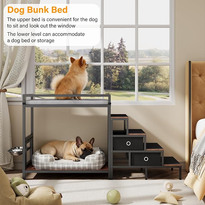 kepptory Dog Window Perch with 360° & Adjustable Raised Feeder, Pet Stairs Ramp with Stairs and Storage, Pet Bunk Bed with Small Pet Step