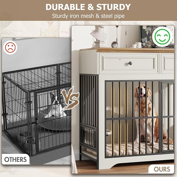 QUW 42" Modern Dog Crate Furniture, Wooden Dog Kennel for Medium to Large with 360° Rotating & 3-Levels Adjustable Height Dogs Bowl Holder, Decorative Dogs cage Pet House Indoor, Antique White
