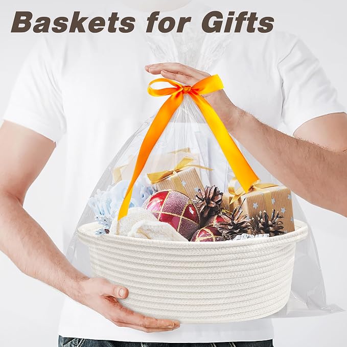 Pro Goleem Small Woven Basket with Gift Bags and Ribbons Durable Baskets for Gifts Empty Small Rope Basket for Storage 12"X 8" X 5" Baby Toy Bin with Handles, White