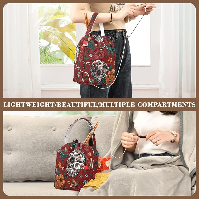 Tatenale Crochet Bag Yarn Bag Knitting Project Bag with Pockets and Handle Portable Yarn Storage Organizer Tangle Free 8.3x11 InchRed Meixcan Flag Skull03
