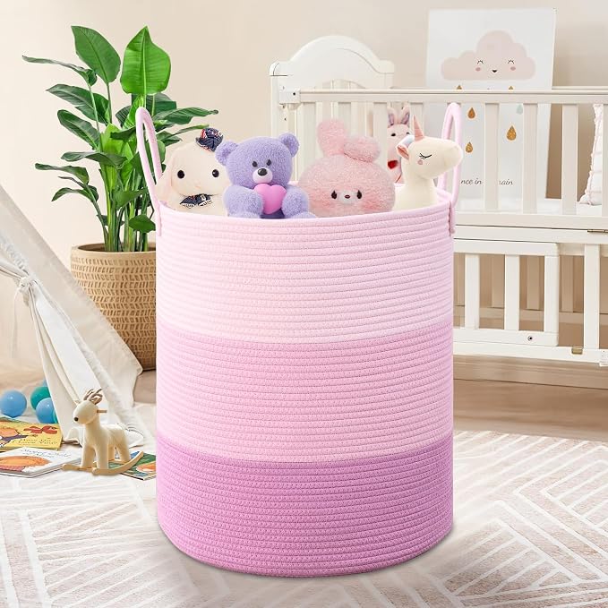 Laundry Hamper for Organizing, 52L Large Laundry Baskets, Cotton Rope Woven Blanket Basket, Collapsible Laundry Hamper for Living Room, Nursery, 15"×18", Pink