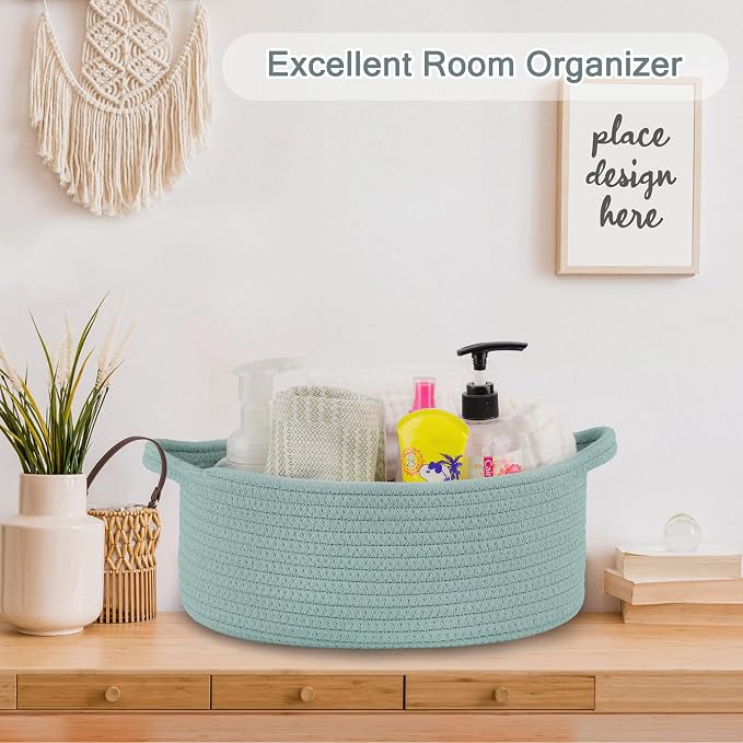 COMSE Empty Small Gift Basket with Bag & Ribbons, Light Green | Cotton Rope, 12"x 8"x 5", Baby Toy Organizer, Stores Small Items for Bedrooms, Nurseries, Bathrooms, Living Rooms, Offices
