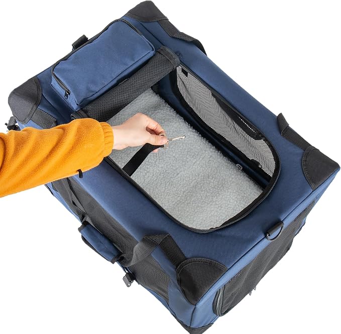 2 in 1 Rolling Dog Crate with Wheels, 24'' Collapsible Travel Pet Carrier for Medium Large Dogs, Portable Folding Kennel with 3-Door Design & Mesh Windows (Dark Blue + 32'')