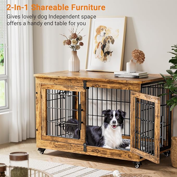Large Dog Crate Furniture, 38'' Heavy Duty Wood Kennel w/Cushion & Wheels | Rustic Brown, Double Doors, Wooden Dog Cage, Chew-Resistant, End Table, Decorative, 27"/32"/38"/44" Options, Indoor