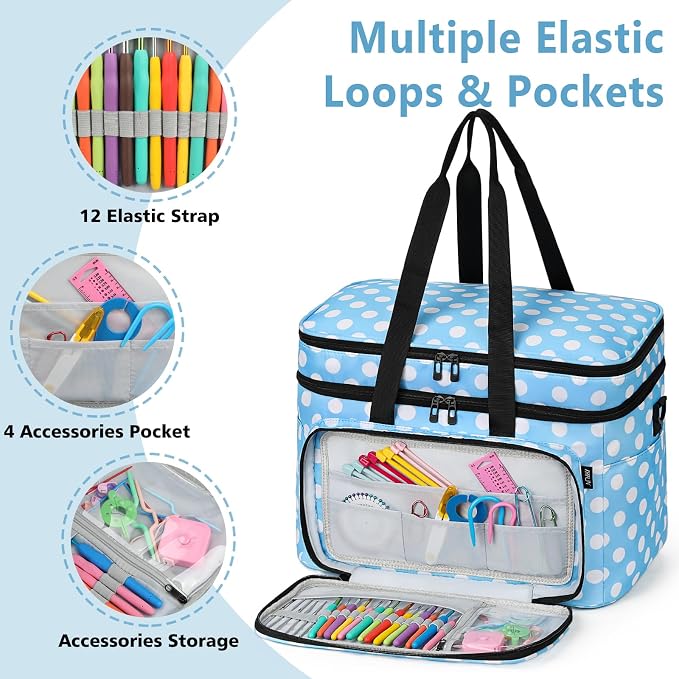 Crochet Organizer Bag with Yarn Holder, Large Yarn Storage for Accessories | 3PCS Crochet Knitting Bag with Accessory Pouch for Hooks, Needles, Travel Tote, Crochet Lovers, Gift for Crafters, No-Tangle