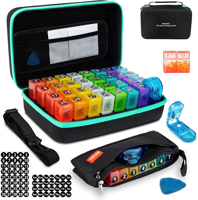 Monthly Pill Organizer, Medicine Organizer Box with Portable Hard Shell and Pill Cutter, 31 Day Pill Holder with Weekly Pill Bag (Green, 2 Times a Day)