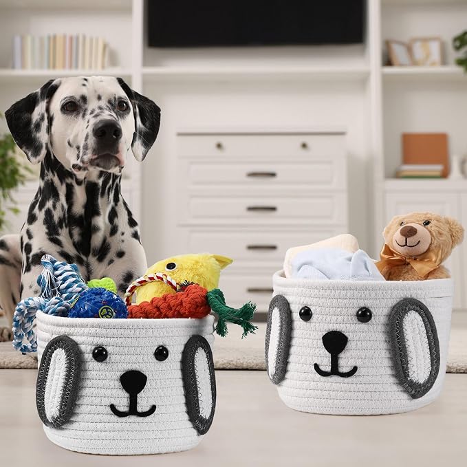 Zopeal Dog Woven Basket, 7.9" D x 6" H Cotton Rope Toy Storage Organizer, Dog Mom Gift Empty, Cute Laundry Puppy Gift Animal Basket for Clothes, Towels, Toy, Laundry, Bathroom, Home(White, Gray)