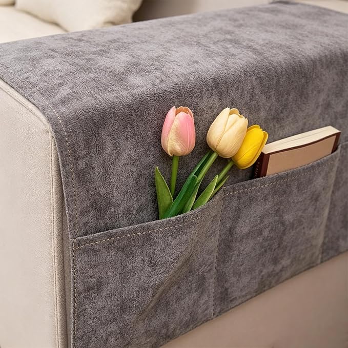 Sofa Armrest Cover with Pockets Set of 2 Solid Color Furniture Protector Slip Chenille Non Slip Recliner Organizer Remote Holder Caddy Accessories for Living Room Bedroom 24*43.3 Inch Dark Gray