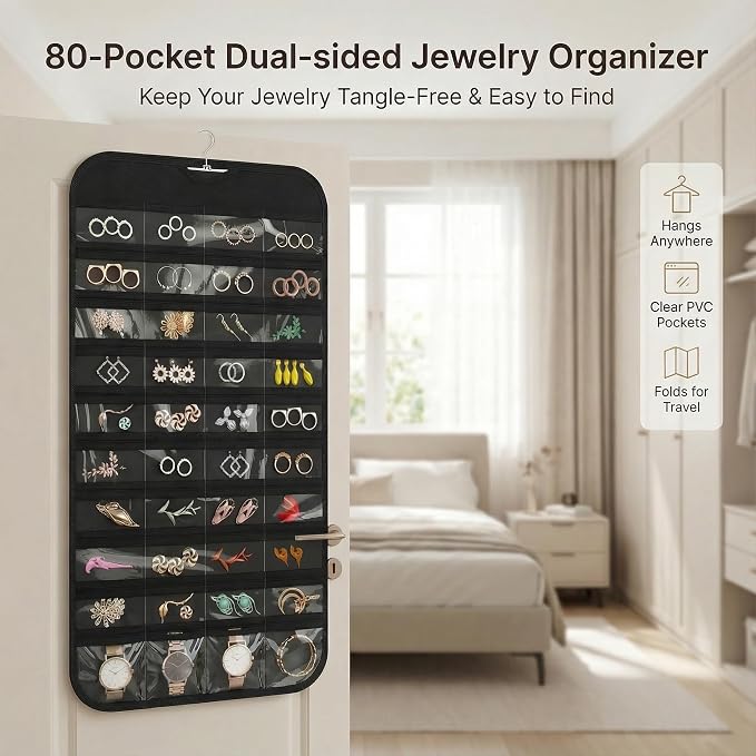 Hanging Jewelry Organizer with 80 Clear Pockets | Double Sided Jewelry Storage Organizer for Necklaces, Earrings and Accessories with Closet Hanging Design