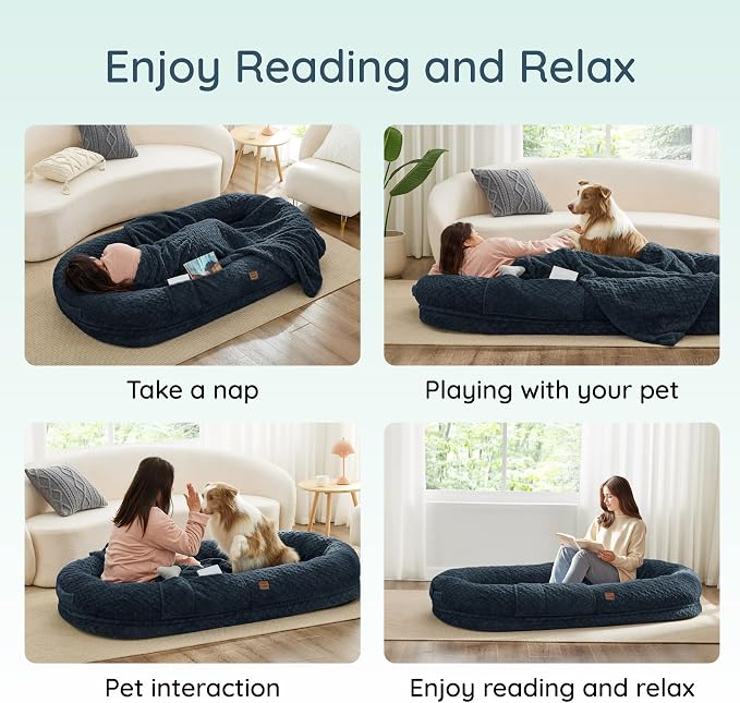 ChiXnuggle Orthopedic Human Dog Bed,with Faux Fur Washable Cover,Blanket | navy,72*40*10,giant dog bed for adult or extra large dogs,egg crate foam,non-slip bottom