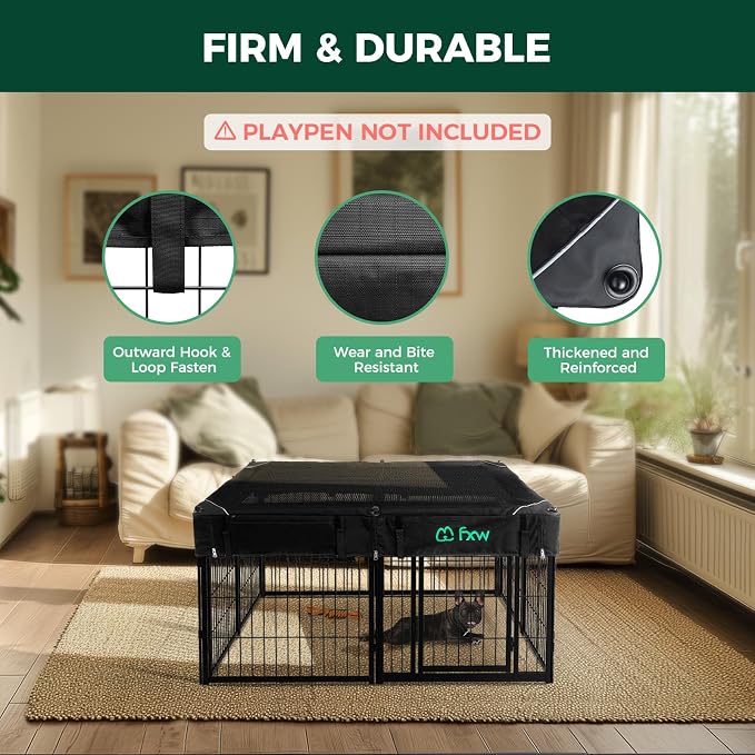 FXW Mesh Top Cover for 24" H 8-Panel Dog Playpen, Square | Helps Deter Jump-Outs, Tear-Resistant, Quick Setup, Compact Storage, Fits FXW Only, Playpen Not Included