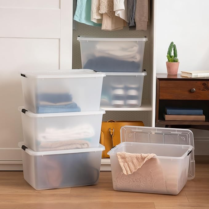IRIS USA 6-Pack 32.5 Quart Clip Box with Latching Lid | Latching lid secures office and household supplies. Stackable, nestable design maximizes storage space