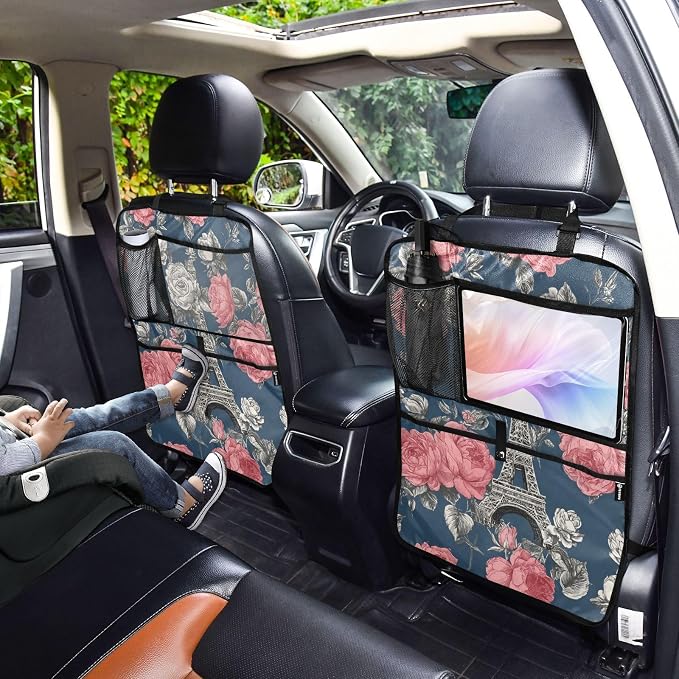 2 Pack Back Seat Car Organizer with Storage Pockets Kick Mats Back Seat Protector Hanging Car Organizer Automotive Seat Back Cover Organizers Blue French Eiffel Tower and Roses
