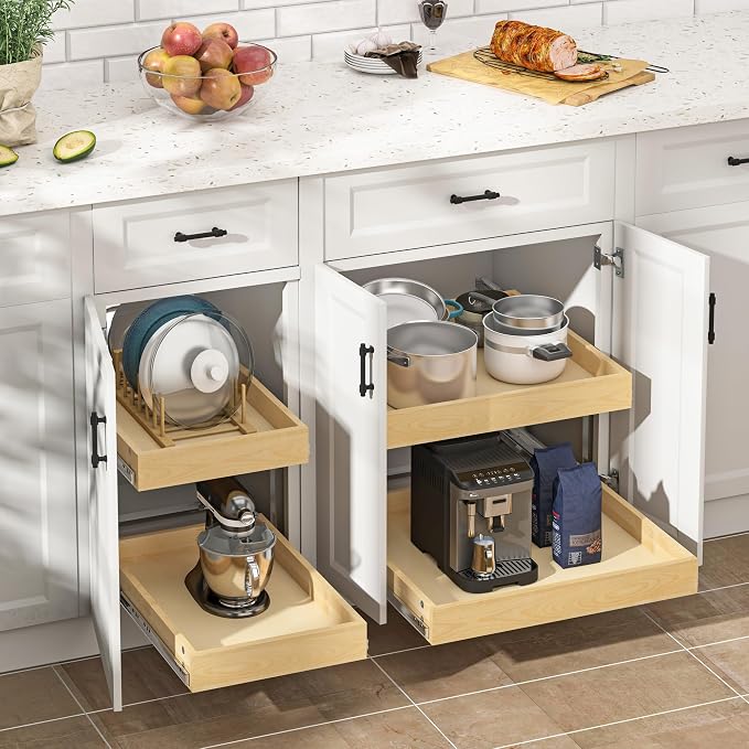 WelFurGeer 2-Tier Pull Out Cabinet Organizer with Soft Close Slides, Heavy-Duty Pull Out Drawers for Cabinets, Slide Out Shelf for Kitchen, Bathroom, Pantry & Under Sink, Solid Birch Wood