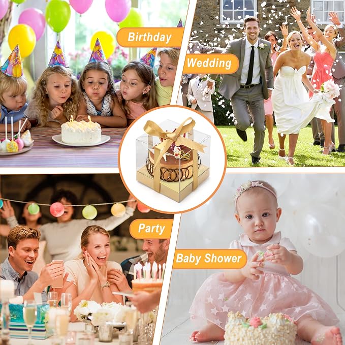 12 PCS Clear Cupcake Boxes 3.5 Inch Cupcake Containers (Gold) | Disposable Cupcake Carrier Plastic Individual Cupcake Storage Holder with Ribbons and Inserts for Wedding, Birthday Party