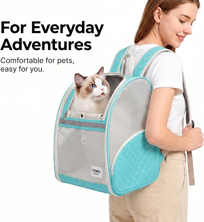 Cat Backpack Carrier for Small Dogs and Medium cat Puppy Kitten Bunny Pet Carrier Backpack Collapsible with Fully Ventilated Mesh with Safety Leash (LightGreen, 12.9" L x 10.62" W x 15.5" H - M)