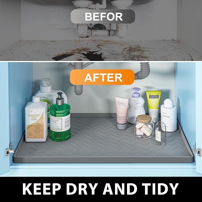 TigeJoy Under Sink Mats for Kitchen Waterproof 28" x 19", Cabinet Liner | Leak-Proof Silicone Mat Sink Protector, Kitchen Essentials Organizer and Storage,Boot or Shoe Tray, Pet Feeding Mat
