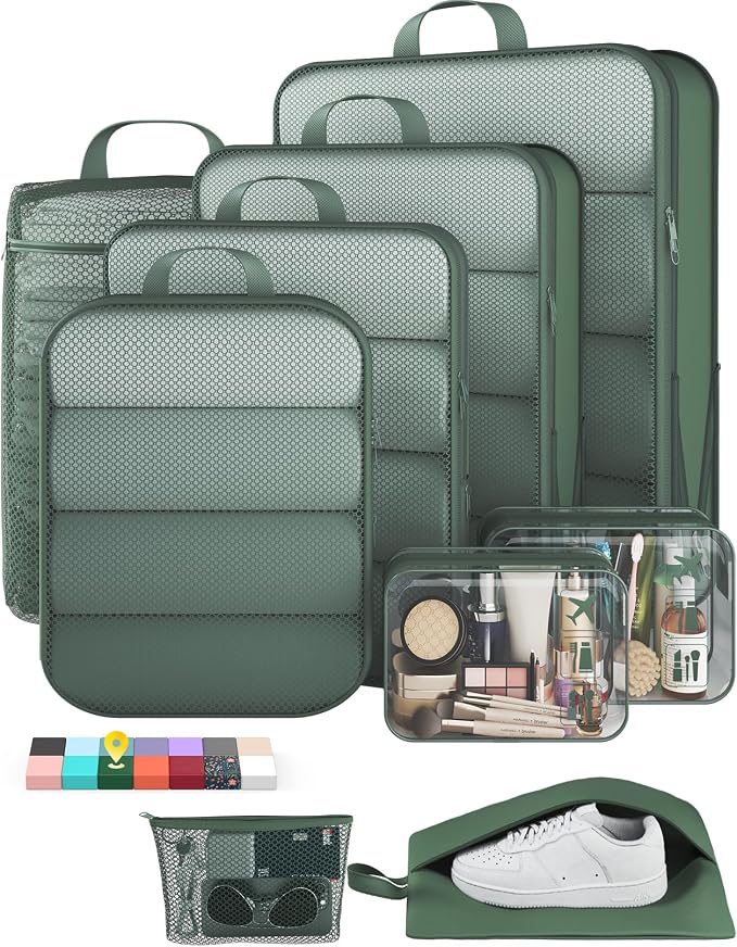 Veken 9/11 Set Compression Packing Cubes Garment Bags for Travel Essentials,Compressible Expandable Luggage Organizer Bags for Clothing,Space Saver Bags with Over 1000 pcs of Mesh Holes(Dark Green)