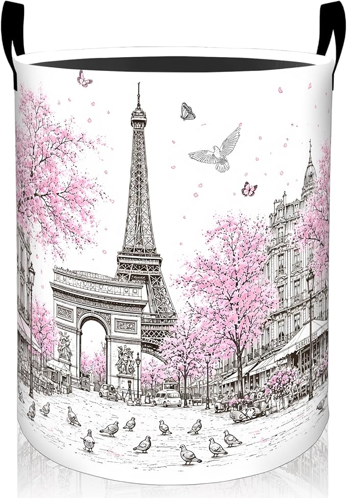 Eiffel Tower Laundry Basket, Paris Street Cherry Blossom Oxford Cloth Dirty Clothes Collapsible Hamper for Room Decor, Travel Gifts, Toy Organizer 19.7 x 15.7 Inches for Bedroom Bathroom Dorm