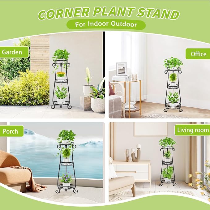 KMOTASUO 3 Tier Metal Plant Stand Tall for Indoor Outdoor Corner, Black | Heavy Duty Flower Holder Rack, Modern Vertical Iron Shelf for Patio Bathroom Office Garden