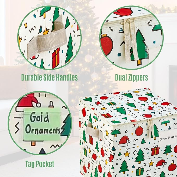 VENO 4 Pack Christmas Ornament Storage Box, Holiday Ornament Organizer with Adjustable Dividers, Sturdy Storage Containers for 64 Ornaments, Zippered Lid & Handles, 3" Cube (Jingle Mix)