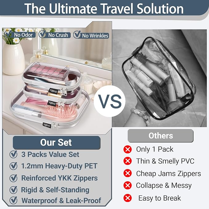 YQBRAO Clear Hard Shell Organizer Cases, 3-Pack, Gray | Rigid 1.2 mm PET organizers with multi-size design for travel storage, home use, and everyday essentials