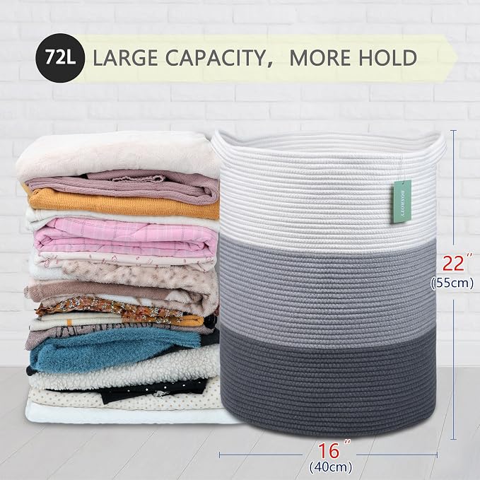 Cotton Rope Blanket Basket, 72L Tall Laundry Hamper, White & Gray