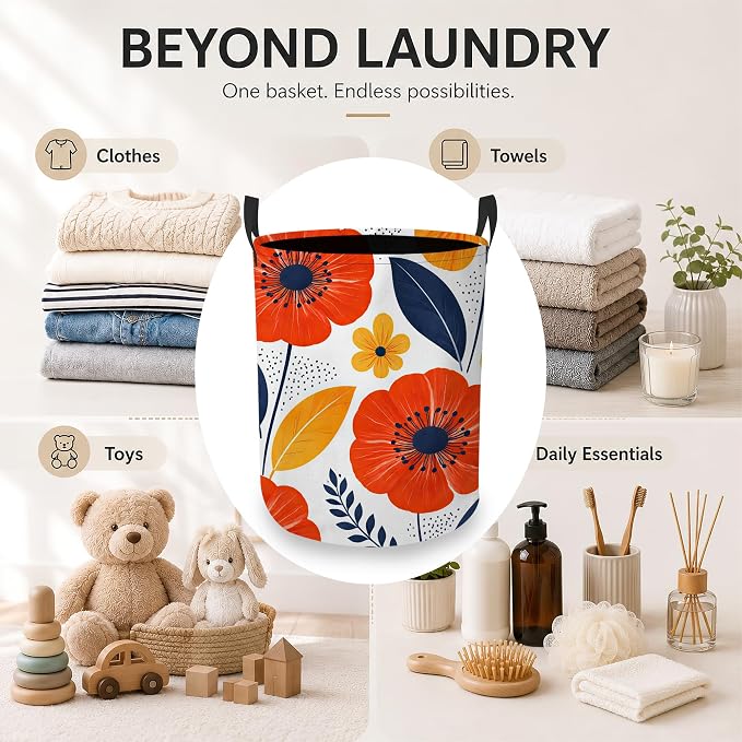 Moon Stars Laundry Hamper, Floral Leaves Laundry Baskets, Waterproof Oxford Cloth for Room/Bathroom/Bedroom/Dormitories 16x20.8 Inch