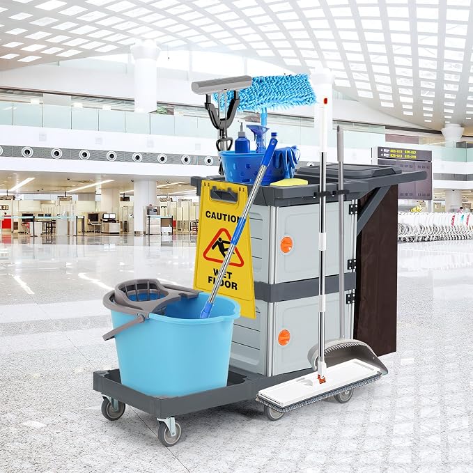 Commercial Janitorial Cleaning Cart 3-Shelf 2-Cabinet Housekeeping Cart with Lockable Wheels Oxford Bag and Cover Heavy Duty for School Hotel Apartment