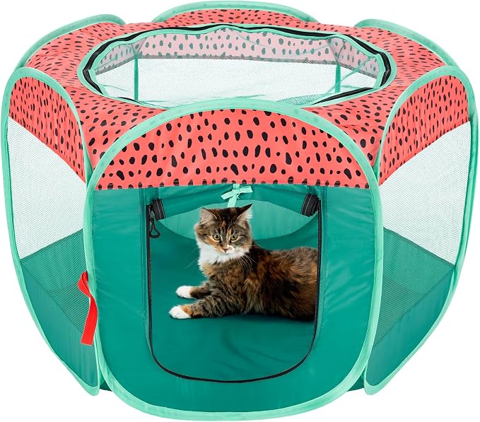 Furhaven Portable Dog Playpen Cat Tent, Pet Playground,Kennel Foldable Indoor Outdoor Zippered Puppy Crate - Green & Pink, Small
