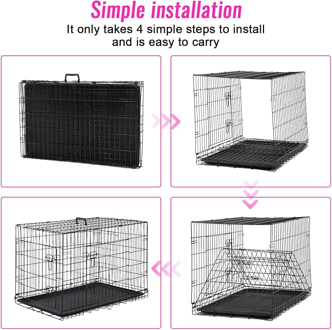 FDW | 48" Foldable Metal Dog Crate | Black | Cage for XL Dogs | Heavy Duty, Portable Wire Kennel with Double Door, Divider & Leak-Proof Tray | For Training, Home, Travel Indoor/Outdoor Use