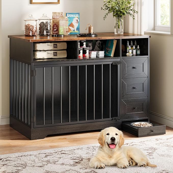 GarveeLife 48'' Dog Crate Furniture with Bowl, Medium Dog Cage, Black | Farmhouse Heavy Duty Dog Kennel with Storage Drawers, End Table for Small Medium Dogs